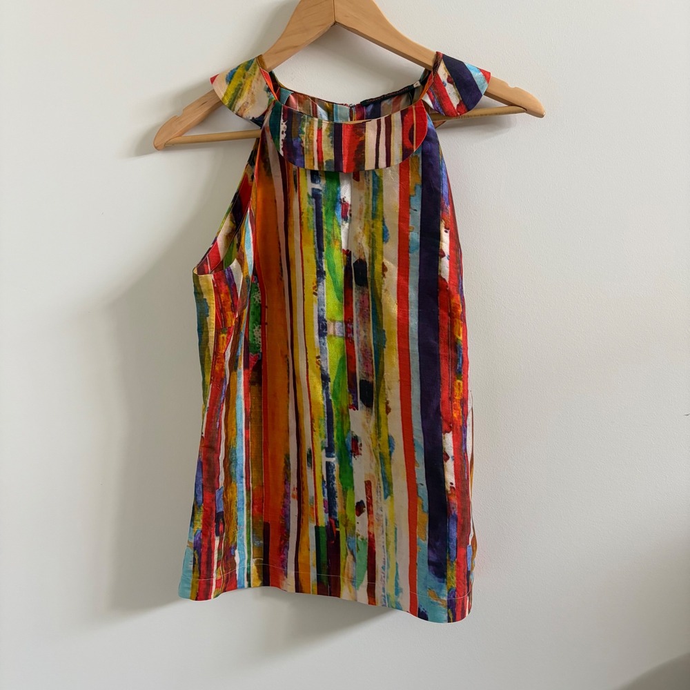 Harvey Faircloth Multi-Color Striped 100% Silk Halter Top Blouse Size 6 USA